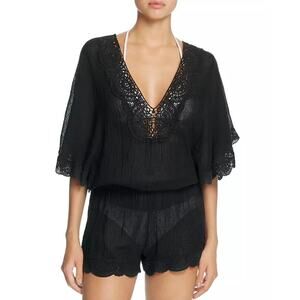 Eberjey NWT Women Solid Liberty Lace Trim Romper Black Crochet Swim Cover-Up S/M